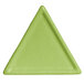 A close-up of a lime green triangle-shaped platter with a smooth finish.