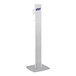 A white rectangular Purell Messenger ES6 hand sanitizer dispenser with a silver panel on a white metal stand.