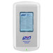A close-up of a white Purell® automatic soap dispenser with a label.