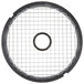A black circular metal dicing grid with wire mesh.