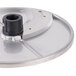A circular metal plate with a black plastic handle.
