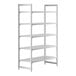 A white plastic Cambro Camshelving Premium shelving unit with 5 vented shelves.