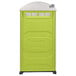 A lime green PolyJohn portable toilet with a white border.