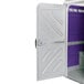 A purple and white PolyJohn wheelchair accessible portable restroom with a door.