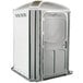 A white PolyJohn wheelchair accessible portable restroom with the door open.