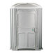 A PolyJohn wheelchair accessible portable toilet with a grey door.