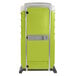 A green and white PolyJohn portable restroom.