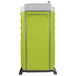 A lime green PolyJohn portable restroom.