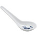 A white spoon with a blue flower design on the handle.