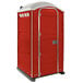 A red and white PolyJohn portable toilet.