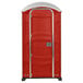 A red and silver PolyJohn portable toilet with a translucent top.