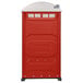 A red and white PolyJohn portable toilet.