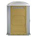 A tan PolyJohn wheelchair accessible portable toilet with a door.