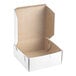 A white, square, cardboard bakery box with an open lid, designed for pies or baked goods.