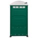 A green and white PolyJohn portable toilet.