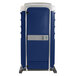 A blue and white PolyJohn portable toilet.