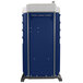 A blue and white PolyJohn portable toilet.