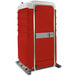 A red and white PolyJohn portable toilet.