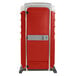 A red and white PolyJohn portable toilet.