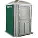 A PolyJohn wheelchair accessible portable toilet with a green door.