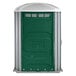 A PolyJohn wheelchair accessible portable toilet with a green door and silver accents.