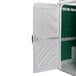 A white and green PolyJohn wheelchair accessible portable toilet with a door.