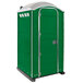 A green and white PolyJohn portable toilet with a translucent top.