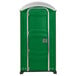 A PolyJohn portable restroom with a green door and silver trim.