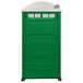 A green PolyJohn portable toilet with a white lid.