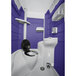 A PolyJohn portable restroom with a purple and white interior.