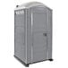 A grey PolyJohn portable toilet with a door.