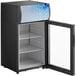 An Avantco black countertop display refrigerator with a glass door.