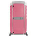 A pink plastic PolyJohn portable toilet on wheels.