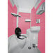 A PolyJohn portable restroom with a pink wall and black toilet seat.