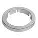 A silver circular stainless steel trim ring with a hole in the center.