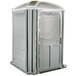 A light gray PolyJohn wheelchair accessible portable toilet with a door open.