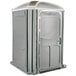 A grey PolyJohn wheelchair accessible portable toilet with the door open.