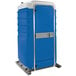 A blue and white PolyJohn portable toilet.