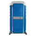 A white and blue PolyJohn portable toilet with silver accents.