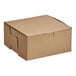 An 8 inch by 8 inch by 4 inch kraft paper bakery box with a closed lid.