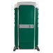 A green and white PolyJohn portable toilet.