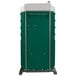 A green and white PolyJohn portable toilet.