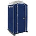 A PolyJohn dark blue portable toilet with silver trim.