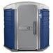 A blue and white PolyJohn wheelchair accessible portable toilet.