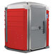 A red and grey PolyJohn wheelchair accessible portable toilet with the door open.