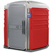 A red and gray PolyJohn wheelchair accessible portable toilet.