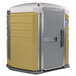 A tan PolyJohn wheelchair accessible portable toilet with a door open.