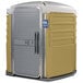 A tan PolyJohn wheelchair accessible portable toilet with a door.