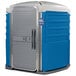 A blue and white PolyJohn wheelchair accessible portable toilet.