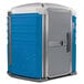 A PolyJohn blue and white wheelchair accessible portable toilet.